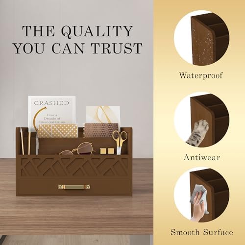 Bamboo Mail Organizer Countertop Pen Holder Wooden Desktop Storage Drawers - Image 3