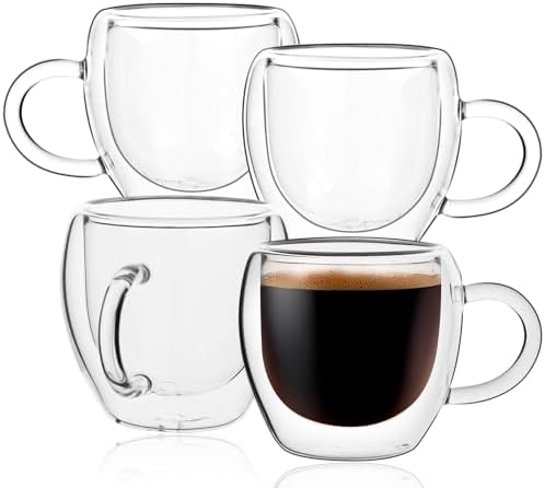 Espresso Cups Set of 4 with Handle, 2.5oz Expresso Coffee Cup, Small Expresso Shot Glasses, Clear Double Wall Insulated Espresso Mugs,Tazas de Cafe Expreso, Suit for Espresso Machine Accessories by Wells