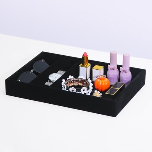 Bedside Organizer Tray, Desktop Storage Tray for Jewelry, Sunglass, Phone, Watch, Perfume,Lipstick, Nightstand Desk-top Catchall, Multi-use Holder for Desk Drawer (Black 3Grid) - Image 2
