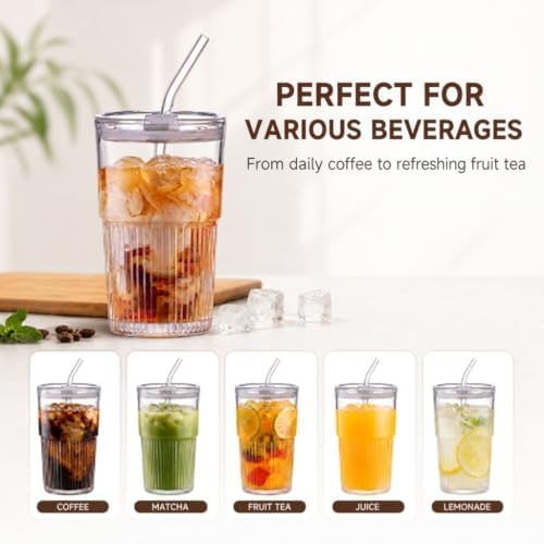 16oz/470ml Ribbed Glass Iced Coffee Tumbler with Lid and Straw, Thick-walled Clear Drinking Glass Cups for Cold Brew, Matcha, Smoothies, Leak-Resistant BPA-Free Travel Mug-4pack - Image 5