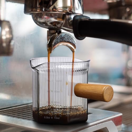 Espresso Cups 4 OZ, Double V-Shaped Spouts Cups, Espresso Shot Glasses with Wood Handle, Ribbed Milk Measuring Cup - Image 4