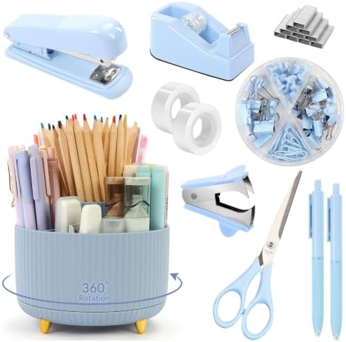 SKYDUE Blue Desk Accessories 11Pcs with Rotating Pen Holder for Desk by SKYDUE