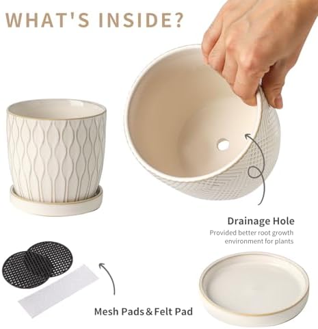 Nihow Ceramic Plant Pots with Drainage Hole & Saucer, 4.75 Inch, White-3 - Image 3