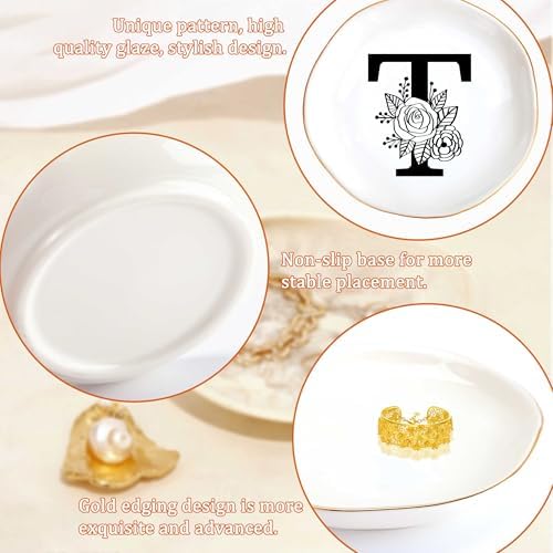 JoycuFF Initial T Ceramic Jewelry Tray, Bridesmaid Bride Gifts, Mothers Day Christmas Anniversary Engagement Birthday Gifts for Women Couples, Trinket Dish for Rings Earrings Necklaces Bracelets Keys - Image 5