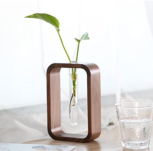 Transprent Glass Vase Test Tube Vase Hydrophilic Plants Vase Plant Holder Walnut Wooden Frame Flower Stand Table Garden Bonsai Decor,Gifts for Women, Home Office Decor Planter (Small) - Image 4