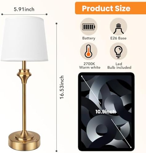 NIORSUN 10.2" Portables Cordless Table Lamp, Battery Operated Lamp,Small Bedside Table Lamp with Warm White,3 Way Dimmable Touch Desk Lamp for Living Room Restaurant Bedroom (Gold) - Image 2