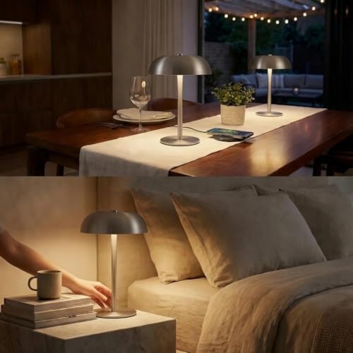 2 Pack Portable LED Mushroom Table Lamp, Metal Cordless Desk Night Light, Stepless Dimming Touch Lamp with 3 Colors for Bedroom Bedside Restaurant Bar, Sliver - Image 6