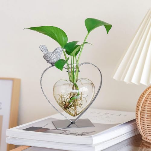 Marbrasse Desktop Glass Vase, Bulb Glass Vases for Holder, Creative Bird with Heart Planter Vase, Plant Terrarium Metal Stand for Modern Office Home Wedding Decorations - Image 2