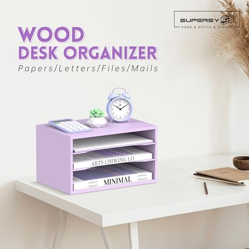 3 Tier Wood Desk Organizer, Paper Organizer for Desk, Purple - Image 2