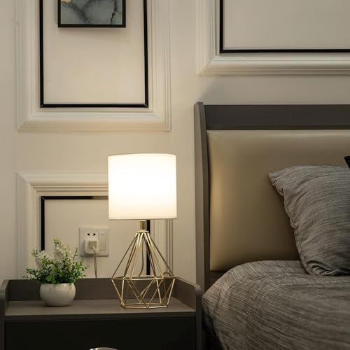 Gold Small Table Lamp Set of 2, Modern Bedside Nightstand Lamps with Geometric Metal Base White Fabric Shade, Cute Desk Lamp for Living Room Bedroom - Image 4