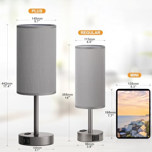 Fenmzee 17.4" Grey Lamp for Bedroom - Dimmable Touch, USB A+C, AC Outlet - Image 2