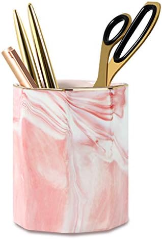 Pen Pencil Holder for Desk, Durable Ceramic Pens Organizer, Makeup Brush Holder, Table Decor and Desk Accessories, Perfect Office Home Organization for Women Girl, Teacher Supplies, Pink Marble by WAVEYU