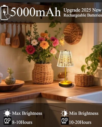 Gold Cordless Table Lamp Rechargeable,5000mAh Battery Operated Lamps,Mini Small Crystal Table Lamp for Restaurant Dining Bathroom/Kitchen Counter/Rechargable Touch Lamp for Home Dinner Shower Lamp - Image 3