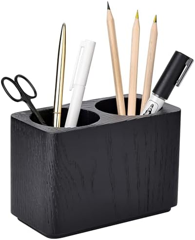 Oak Solid Wood Pen &Pencil Holder for Desk, Office Stationery Organizer, Table Pencil Cup Stand,Desk Accessories Holder, Two Cups Practical Design. (Char Black) by CAMLOT