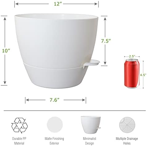UOUZ 12inch Self Watering Pots, Plastic Planters with Mesh Drainage Holes and Deep Reservoir for Indoor Outdoor Garden Plants and Flowers, White - Image 2
