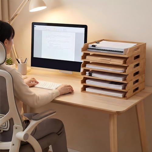 AceOrbit 6 Pcs Stackable Paper Tray Bamboo Wood Desk Organizer Letter Tray - Image 6