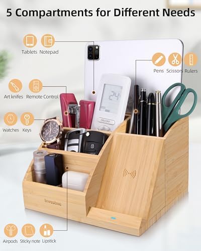 Bamboo Pen Holder with Wireless Charger, Desk Organizer 5 Compartments - Image 6
