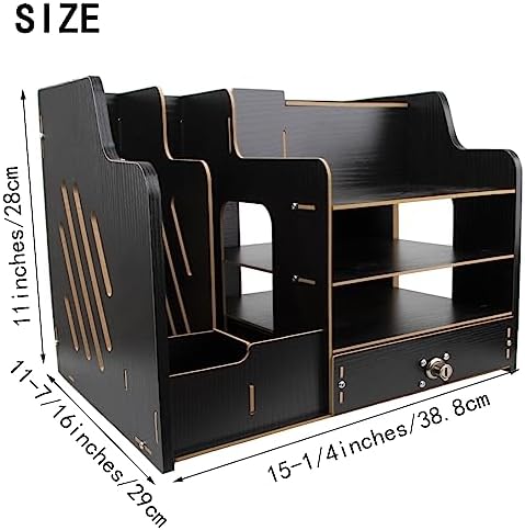 Bamboo Desk Organizer, Desktop Wood Bookshelf File Organizer, Pen Holder and Tissue Holder, 1 Drawer with lock for Office, Home, Need to Install (Light black) - Image 2