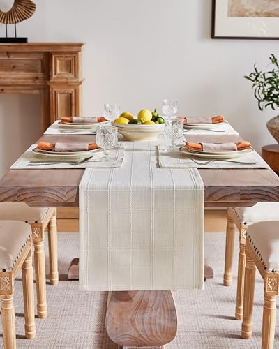 ZeeMart Linen Checked Farmhouse Table Runner, 13x36 Inches Ivory - Image 2