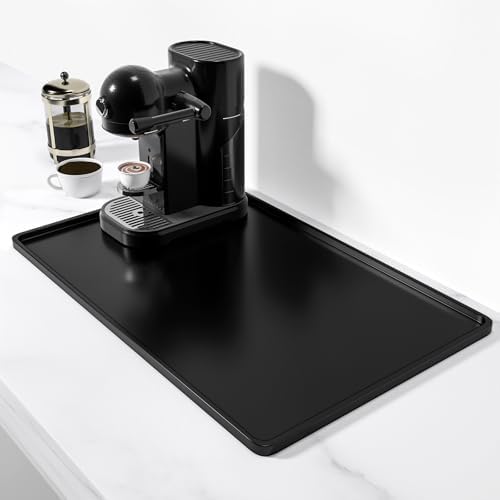 Rnivvi Silicone Coffee Mat, 12" x 19" Waterproof Raised Edge Coffee Bar Mats for Espresso Machine Station Accessories, Heat Resistant Dish Drying Pad for Kitchen Counter, Rubber Bar Decor Pad, Black by Rnivvi