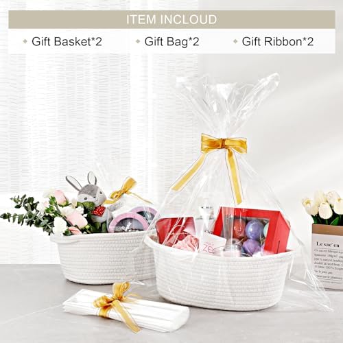 2 Pack Small Woven Basket with Gift Bags and Ribbons, Empty Decorative Gift Chest Box, Cute Baby Gift Basket for Nursery, Cotton Rope Room Shelf Storage Basket with Handles, All 12"x 8"x 5",White - Image 2