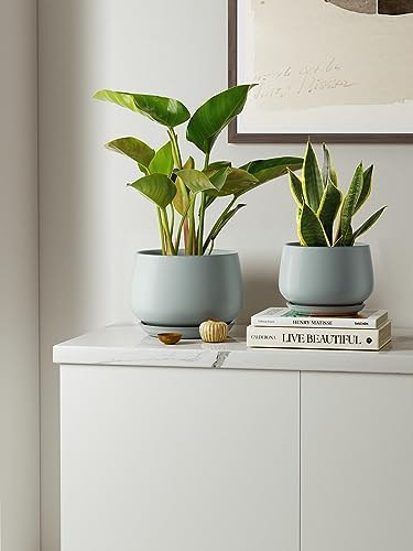 LE TAUCI Plant Pots for Indoor Plants, 4.1+5.1+6.5 inch, Set of 3, Ceramic Planters with Drainage Hole and Saucer, Indoor Flower Pot with Hole Mesh Pad, Gifts for Mom, Reactive Glaze Blue Gray - Image 2