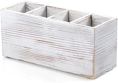Pencil Pen Holder for Desk, White Washed Wood Office Desk Organizers and Accessories with 4 Slots for Countertop, Makeup Brush Holder Organizer for Bathroom Vanity, Silverware Caddy for Party by Bivvclaz