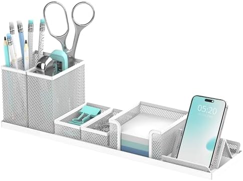 Pen Holder for Desk, 6-Piece Mesh Desk Organizer with Phone Holder, White by SUPEASY
