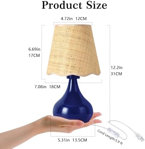 Ziqqeelam Navy Blue Small Table Lamp, Mini Bedroom Lamps for Bedside Nightstand, Rattan Shade Small Table Lamps for Small Spaces for Kitchen Counter, Bookshelf, Home Office, Living Room, Dorm - Image 3