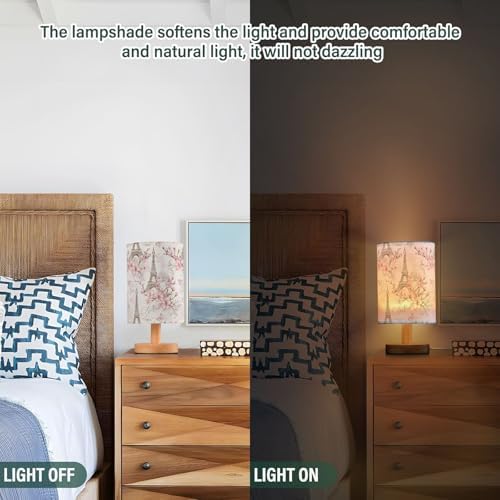 French Eiffel Tower Pink Blossom Table Lamp for Bedroom USB Port Lamps Small Accent Table Lamp Nightstand Lamp Study Linen Shade with Wooden Base, Decorative Lamps for Bedside Reading|Kids|Dorm|Home - Image 3
