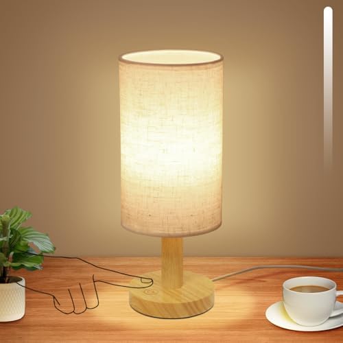 Small Touch Table Lamp with Stepless Dimming&USB Plug,Natural Round Wood Base&Linen Fabric Shade |Soft Ambient Warm Night Light|Minimalist Boho Bedside Lamp for Bedroom,Nightstand,Nursery,Kitchen,Dorm by UCHENTON