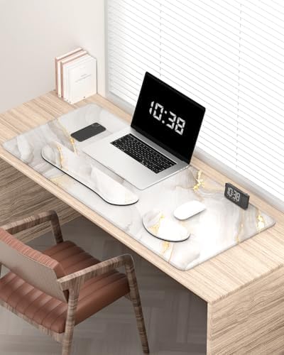 Auhoahsil Large Mouse Pad with Wrist Rests for Keyboard & Mouse, Thick Soft Ergonomic Memory Foam Wrist Supports, Big & Long Desk Mat 35.5 x 15.7 in, for Office Gaming Computer, White Gold Marble - Image 2