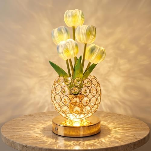 Tulip Night Light with Dazzling Crystal-Like Base, 3-Color Touch Control Flower Lamp, Stepless Dimming Rechargeable Floral Table Lamp, Aesthetic Romantic Gifts for Women Mom Wife (Blue) by Unknown