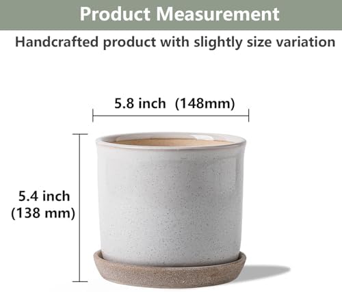 5.8 Inch Plant Pot: Ceramic Planter with Drainage Hole & Saucer - Cylinder Round Flowerpot for Indoor & Outdoor Plants - with Separate Tray for Home & Office - Retro Style, Grey - Image 2