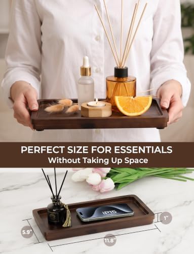 Demigo Bathroom Vanity Tray, Dark Brown Acacia Wood Tray, 11.8 x 5.9 in - Image 3