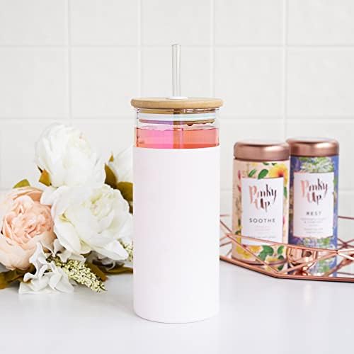 Pinky Up Katherine Insulated Glass Tumbler with Lid, Straw and Silicone Sleeve, Iced Coffee Tumblers, Smoothie Cup to Go, 24 oz, Set of 1, White - Image 5