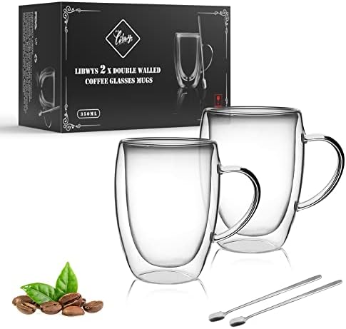 LIBWYS 12oz Double Walled Coffee Cups Glasses Mugs, Borosilicate Glass 2Pcs by LIBWYS
