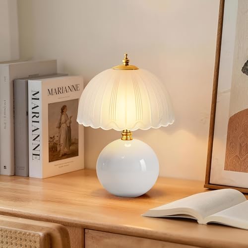 PARTPHONER Mushroom Table Lamp, Ceramic Bedside Lamp with Glass Shade, 3-Way Lighting (2700K-5000K) Rocker Switch, Small Nightstand Lamp for Bedroom, Living Room, Office, White by PARTPHONER