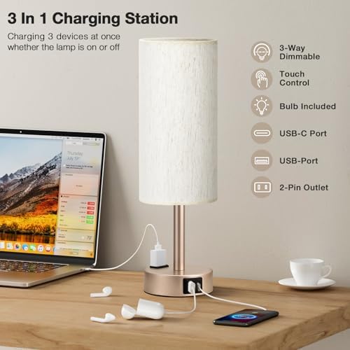 Antique White Bedside Table Lamp, Dimmable Touch Lamp, USB A+C, AC Outlet - Image 4
