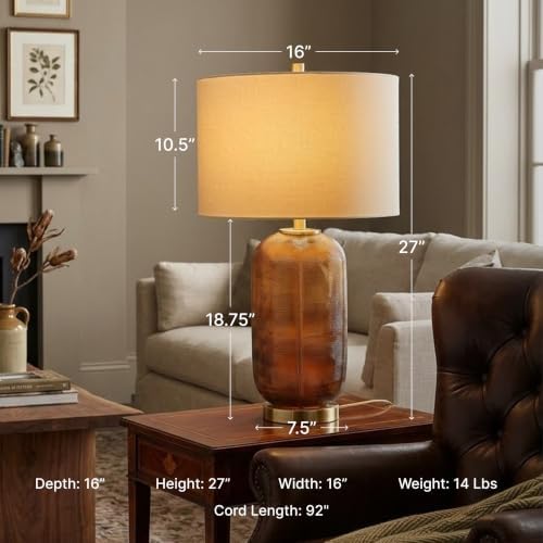 Signature Design by Ashley Farberman Amber Glass Table Lamp, 27-Inch with 3-Way Switch, Carved Glass and Metal with Drum Hardback Fabric Shade for Living Room or Bedroom, Orange & Metallic - Image 2