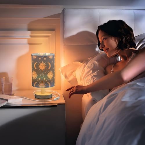 Bedside Lamp Sun Moon Stars Constellation Boho Lamp for Girls Boys Bedroom, Table Lamp with USB Port, Kids Nightstand Lamp Wood Base Room Desk Lamp (LED Bulb Included) - Image 7