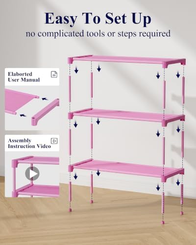 Kitsure Shoe Rack - Non-Woven Shoe Rack Shelf, 27.5" Wide - 3 Tier, Pink - Image 3