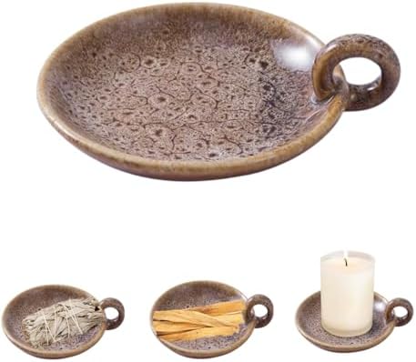 1pack Vintage Ceramic Candle Holders with Handle, Round Farmhouse Ceramic Plate Tray,Sage Holder for Burning,Incense Holder for Meditation Room Home Decor (Khaki) by VIRFONOR