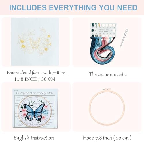 Silentsea Blue Butterfly Embroidery Kit for Beginners – Complete DIY Stitching Craft Set with Pre-Printed Fabric, Hoop, Threads & Video Tutorial – Ideal for Home Decor & Handmade Gifts - Image 3