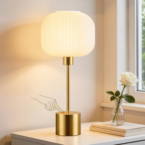 QiMH Glass Table Lamp for Living Room, Modern Bedside Lamp with Gream Ribbed Glass Shade, 3-Way Dimmable Touch Control Nightstand Lamp for Bedroom, Brushed Gold (2700K LED Bulb Included) by Qimh