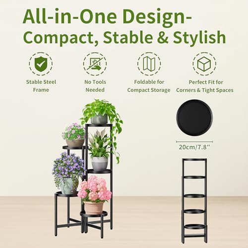 Tall Plant Stand Indoor Outdoor, Corner Metal Flower Pot Stands for Multiple Plants, 5 Tier Heavy Duty Plant Shelf for Patio Garden Balcony Living Room Bedroom - BlackDisk - Image 5