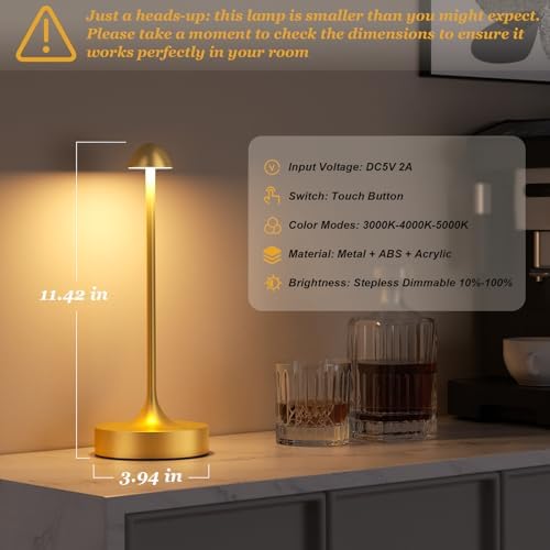 Kakanuo Rechargeable Cordless Table Lamp, Battery Operated Lamps, 3-Color Stepless Dimming, Portable Wireless Desk Lamp, LED Lighting for Dining Room, Restaurant, Office, Bar, Home(Gold 2 Pack) - Image 5