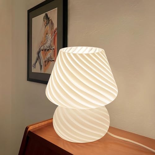 ONEWISH Mushroom Lamp-Small Bedside Table Lamp with Striped Glass, Nightstand Lamp for Bedroom, Living Room, 3000K E26 Bulb Included(White) - Image 6