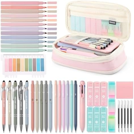 56 PCS Aesthetic School Supplies with Large Pencil Case, 5 Inspirational Ballpoint Pens, 12 Pastel Highlighters, 5 Black Ink Gel Pens, 6 Mechanical Pencils 0.5-0.7mm College Student Essentials (Pink) by Unknown