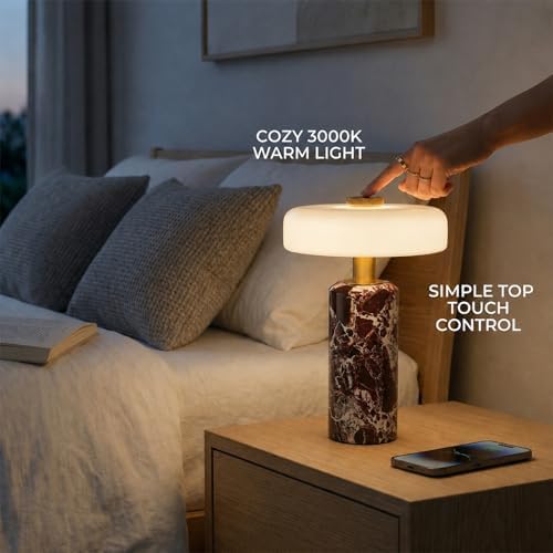 Cordless Marble Table Lamp with Glass Shade,Touch Dimmable Stone Lamp - Image 5